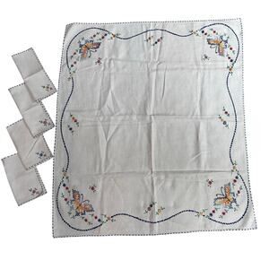 Bridge cloth & 4 matching napkins set cotton hand embroidery colorful floral